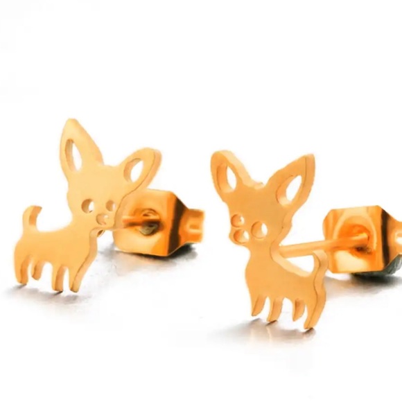 GOLD Chihuahua Minimalist Stainless Steel Stud Earrings With Gift Bag - Picture 2 of 8